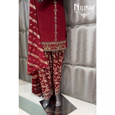 Red Crepe Banarasi Short Shirt Paired with Banarsi Dhoti Pants & Dupatta