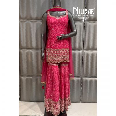 Hot Pink Chinnon and Soft Net Shirt Paired With Garara and Dupatta