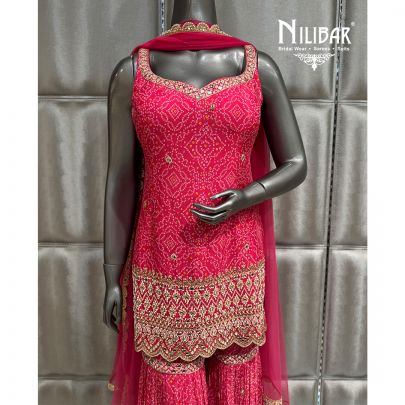 Hot Pink Chinnon and Soft Net Shirt Paired With Garara and Dupatta