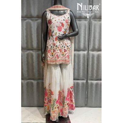 White Georgette Shirt Paired With Garara and Dupatta