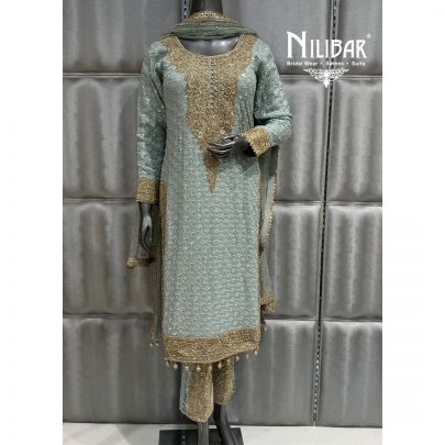 Teal Blue Chinnon and Soft Net Shirt Paired With Straight Pants and Dupatta