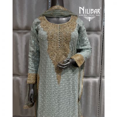 Teal Blue Chinnon and Soft Net Shirt Paired With Straight Pants and Dupatta