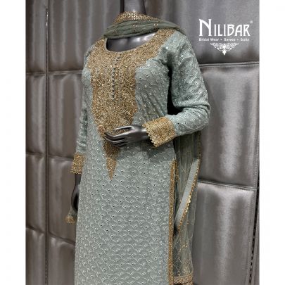 Teal Blue Chinnon and Soft Net Shirt Paired With Straight Pants and Dupatta