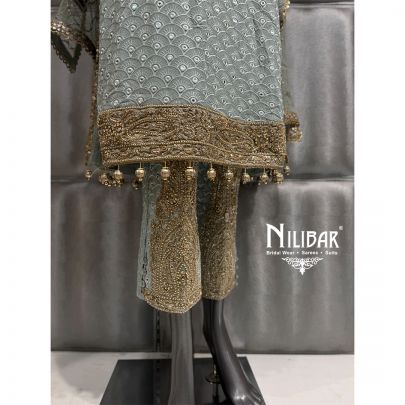 Teal Blue Chinnon and Soft Net Shirt Paired With Straight Pants and Dupatta