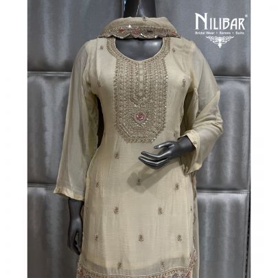 Light Beige Chinnon Shirt Paired With Flowy Jaffa and Dupatta