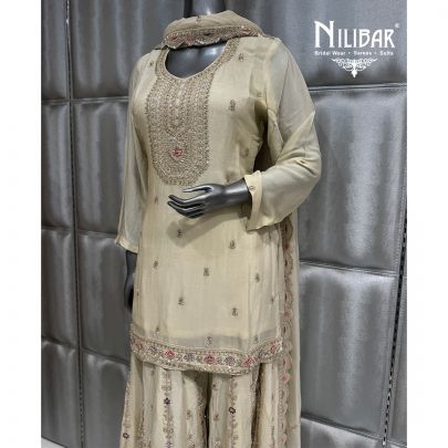 Light Beige Chinnon Shirt Paired With Flowy Jaffa and Dupatta