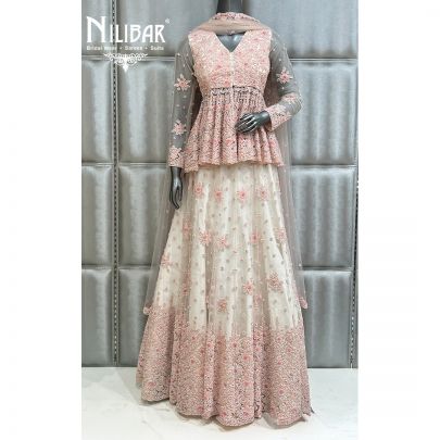 Off White and Light Pink Net Lehenga With Peplum Top