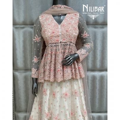 Off White and Light Pink Net Lehenga With Peplum Top