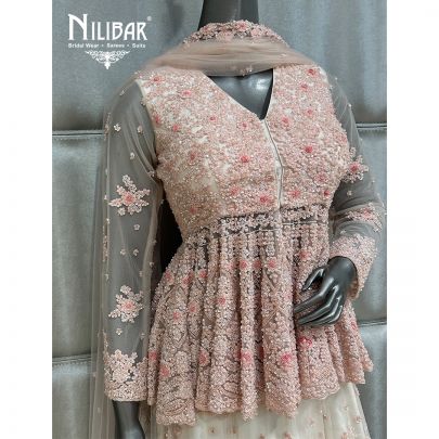 Off White and Light Pink Net Lehenga With Peplum Top
