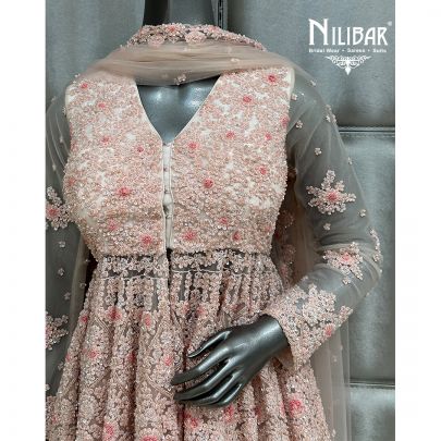 Off White and Light Pink Net Lehenga With Peplum Top