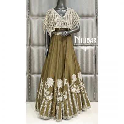 Mehandi Color Chinon Lehenga With Net Top