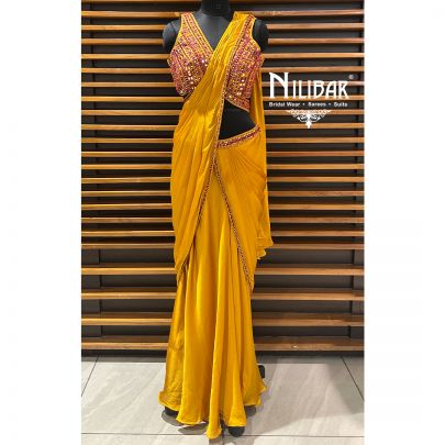 Mustard Yellow Chinon Drape Saree