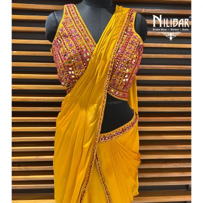 Mustard Yellow Chinon Drape Saree