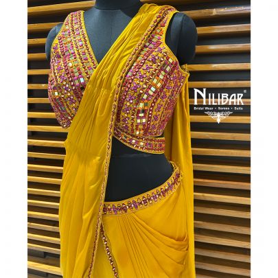 Mustard Yellow Chinon Drape Saree