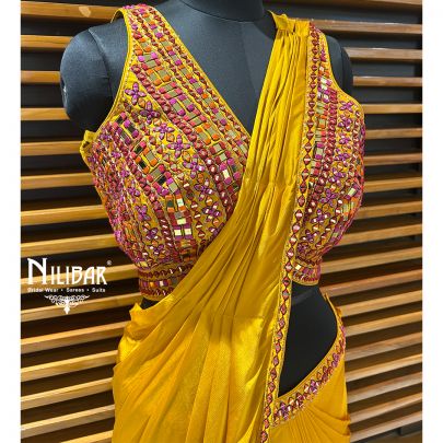 Mustard Yellow Chinon Drape Saree
