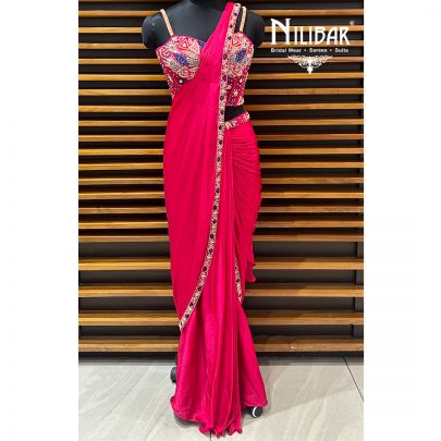 Rani Pink Net Blouse Paired With Chinon Drape Saree