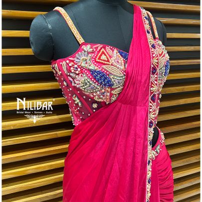 Rani Pink Net Blouse Paired With Chinon Drape Saree