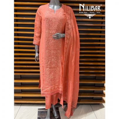 Coral Peach Cotton Suit Paired With Pants & Dupatta