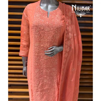 Coral Peach Cotton Suit Paired With Pants & Dupatta