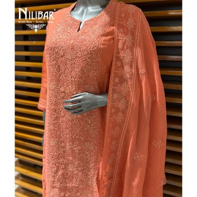 Coral Peach Cotton Suit Paired With Pants & Dupatta