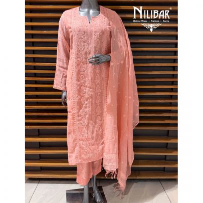 Light Peach Cotton Suit Paired With Pants & Dupatta