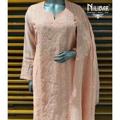 Light Peach Cotton Suit Paired With Pants & Dupatta