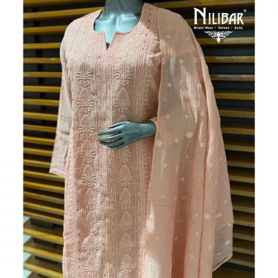 Light Peach Cotton Suit Paired With Pants & Dupatta