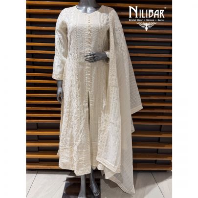 Ivory Blue Cotton Anarkali Suit Paired With Pants & Dupatta