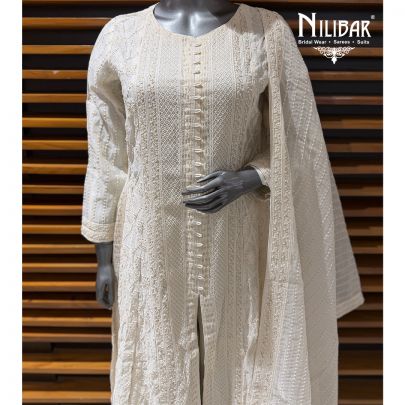Ivory Blue Cotton Anarkali Suit Paired With Pants & Dupatta