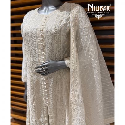 Ivory Blue Cotton Anarkali Suit Paired With Pants & Dupatta