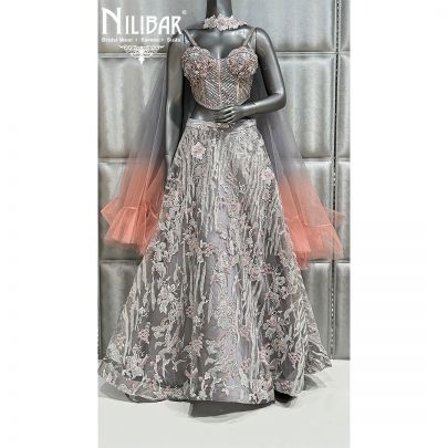 Gray & Peach Net Lehenga