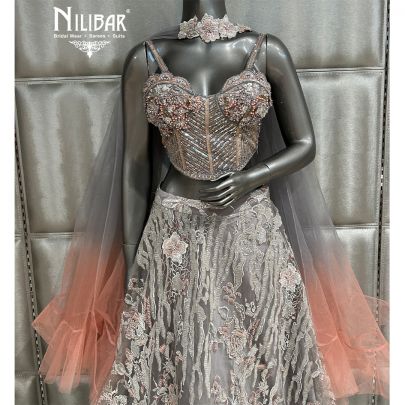 Gray & Peach Net Lehenga