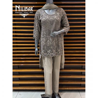 Grey Georgette Mid Length Shirt Paired With Pants & Dupatta