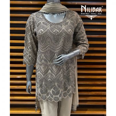 Grey Georgette Mid Length Shirt Paired With Pants & Dupatta