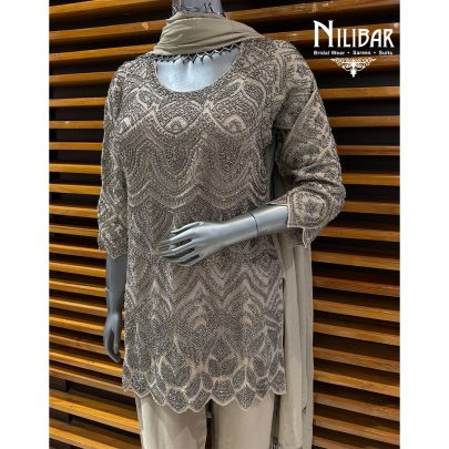 Grey Georgette Mid Length Shirt Paired With Pants & Dupatta