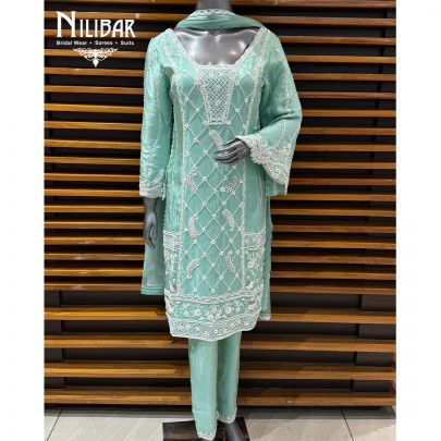 Sea Green Georgette Mid Length Shirt Paired With Pants & Dupatta