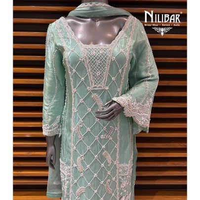 Sea Green Georgette Mid Length Shirt Paired With Pants & Dupatta