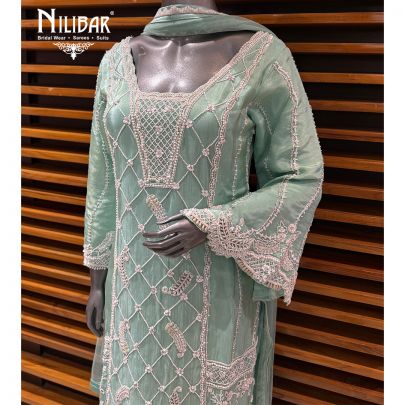 Sea Green Georgette Mid Length Shirt Paired With Pants & Dupatta