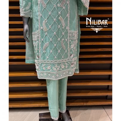 Sea Green Georgette Mid Length Shirt Paired With Pants & Dupatta