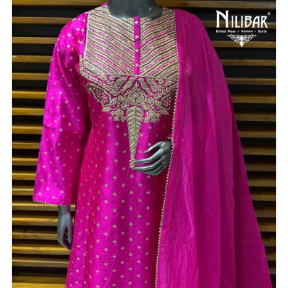 Hot Pink Silk Anarkali Paired With Pants & Dupatta