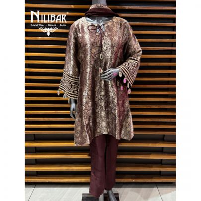 Brown Brocade A-line Top Paired With Pants & Dupatta