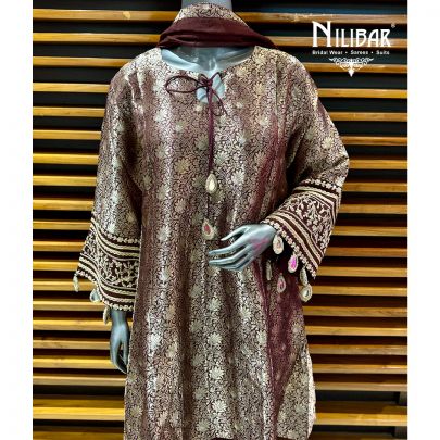 Brown Brocade A-line Top Paired With Pants & Dupatta