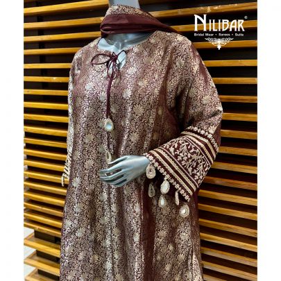 Brown Brocade A-line Top Paired With Pants & Dupatta