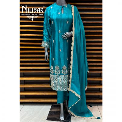 Sea Green Crepe Long Shirt Paired With Pants & Dupatta