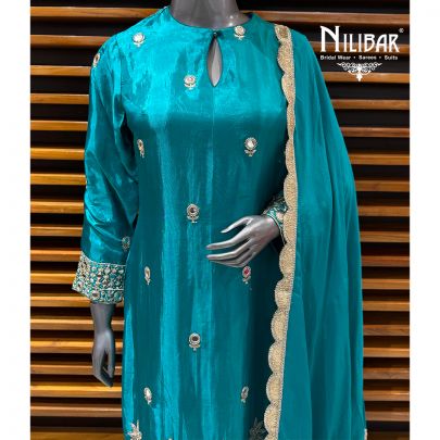 Sea Green Crepe Long Shirt Paired With Pants & Dupatta