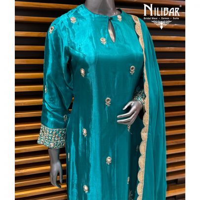 Sea Green Crepe Long Shirt Paired With Pants & Dupatta