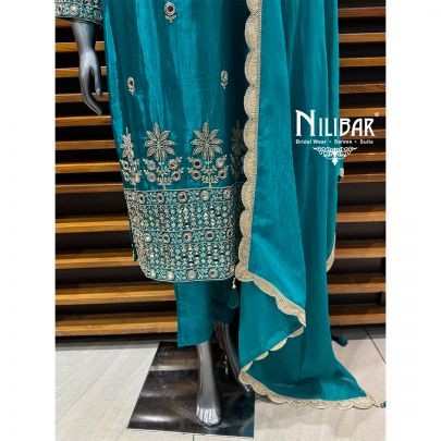Sea Green Crepe Long Shirt Paired With Pants & Dupatta