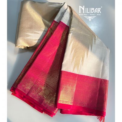 Cream & Bright Pink Banarasi Weave Silk Saree