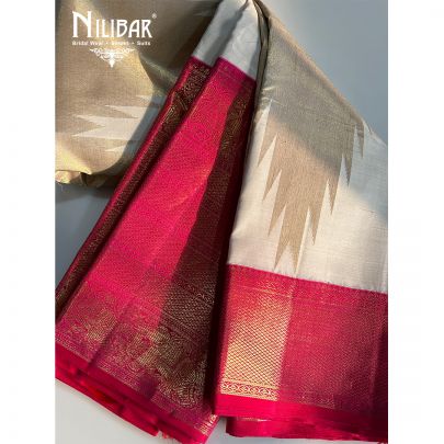 Cream & Bright Pink Banarasi Weave Silk Saree