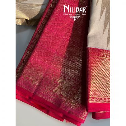 Cream & Bright Pink Banarasi Weave Silk Saree